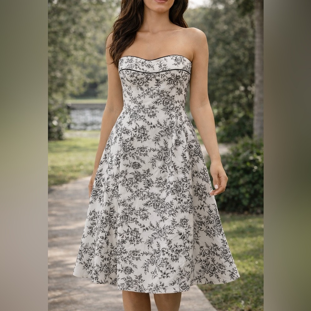 Strapless Floral Midi Dress in Ivory and Black